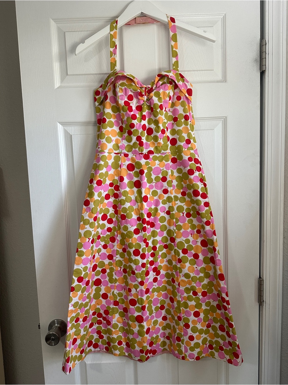 Vintage B. Moss Rory Gilmore Polka Dot Halter Dress in Pink, Green & Red